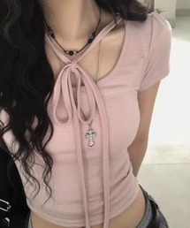 リボンボーダーTシャツ ピチT ショート丈