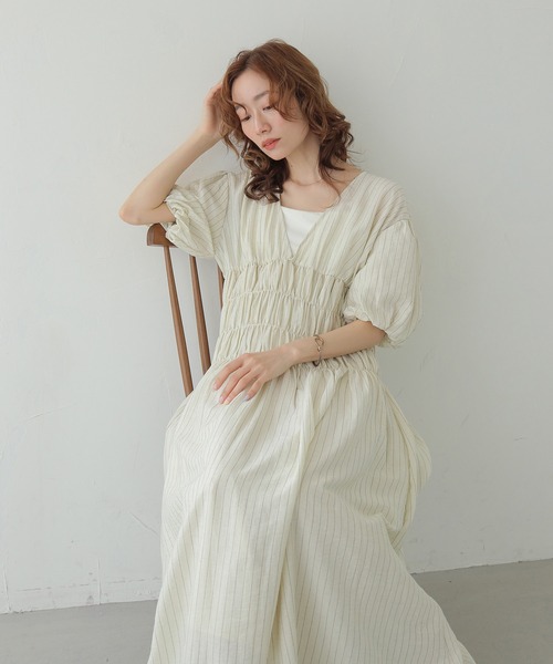 CLEIO(クレイオ)の「【CLEIO】シャーリングストライプワンピース SHIRRING STRIPE ONE-PIECE(ワンピース・レディース・アイボリー/ベージュ/ブラウン・FREE)」の2枚目の写真