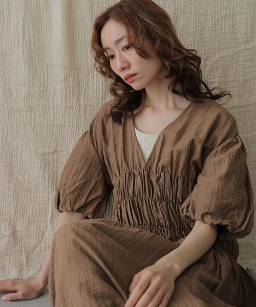 CLEIO(クレイオ)の「【CLEIO】シャーリングストライプワンピース SHIRRING STRIPE ONE-PIECE(ワンピース・レディース・アイボリー/ベージュ/ブラウン・FREE)」の16枚目の写真