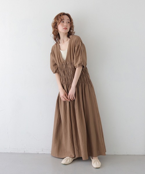 CLEIO(クレイオ)の「【CLEIO】シャーリングストライプワンピース SHIRRING STRIPE ONE-PIECE(ワンピース・レディース・アイボリー/ベージュ/ブラウン・FREE)」の22枚目の写真