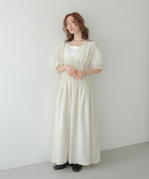CLEIO(クレイオ)の「【CLEIO】シャーリングストライプワンピース SHIRRING STRIPE ONE-PIECE(ワンピース・レディース・アイボリー/ベージュ/ブラウン・FREE)」の5枚目の写真