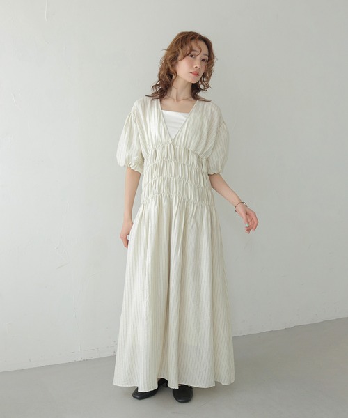 CLEIO(クレイオ)の「【CLEIO】シャーリングストライプワンピース SHIRRING STRIPE ONE-PIECE(ワンピース・レディース・アイボリー/ベージュ/ブラウン・FREE)」の6枚目の写真
