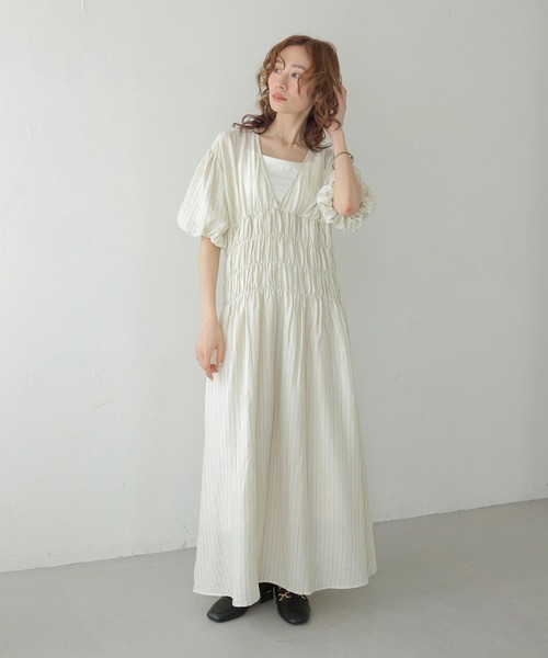 CLEIO(クレイオ)の「【CLEIO】シャーリングストライプワンピース SHIRRING STRIPE ONE-PIECE(ワンピース・レディース・アイボリー/ベージュ/ブラウン・FREE)」の7枚目の写真