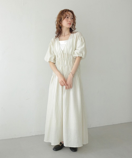 CLEIO(クレイオ)の「【CLEIO】シャーリングストライプワンピース SHIRRING STRIPE ONE-PIECE(ワンピース・レディース・アイボリー/ベージュ/ブラウン・FREE)」の8枚目の写真