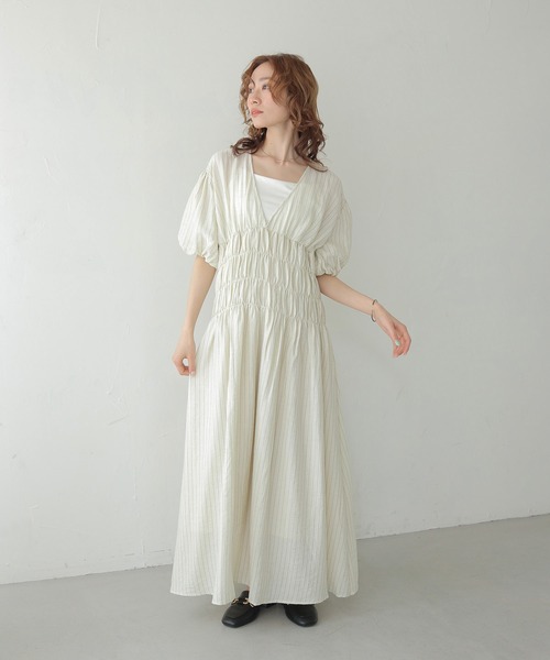 CLEIO(クレイオ)の「【CLEIO】シャーリングストライプワンピース SHIRRING STRIPE ONE-PIECE(ワンピース・レディース・アイボリー/ベージュ/ブラウン・FREE)」の9枚目の写真