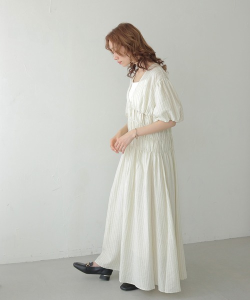 CLEIO(クレイオ)の「【CLEIO】シャーリングストライプワンピース SHIRRING STRIPE ONE-PIECE(ワンピース・レディース・アイボリー/ベージュ/ブラウン・FREE)」の10枚目の写真