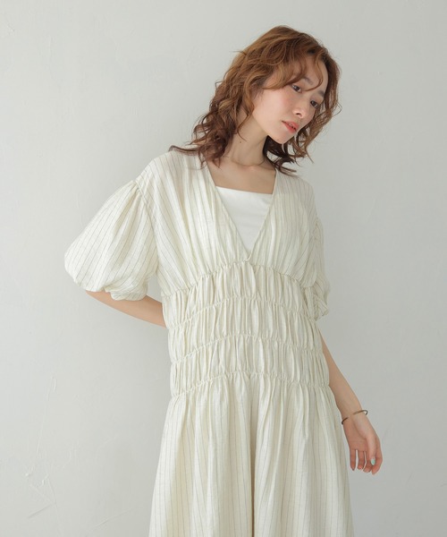 CLEIO(クレイオ)の「【CLEIO】シャーリングストライプワンピース SHIRRING STRIPE ONE-PIECE(ワンピース・レディース・アイボリー/ベージュ/ブラウン・FREE)」の11枚目の写真