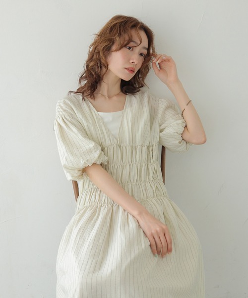 CLEIO(クレイオ)の「【CLEIO】シャーリングストライプワンピース SHIRRING STRIPE ONE-PIECE(ワンピース・レディース・アイボリー/ベージュ/ブラウン・FREE)」の12枚目の写真