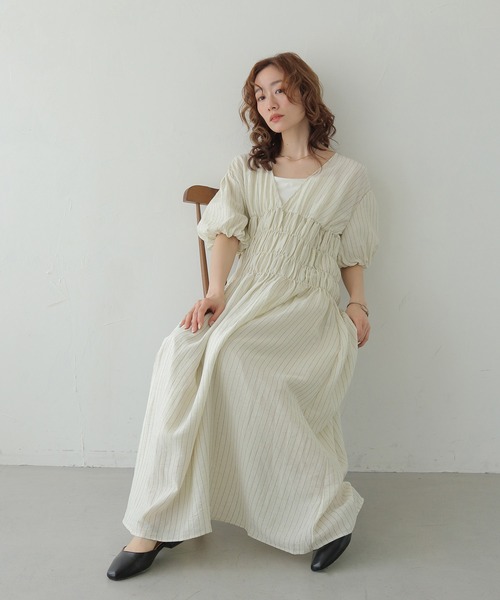 CLEIO(クレイオ)の「【CLEIO】シャーリングストライプワンピース SHIRRING STRIPE ONE-PIECE(ワンピース・レディース・アイボリー/ベージュ/ブラウン・FREE)」の13枚目の写真