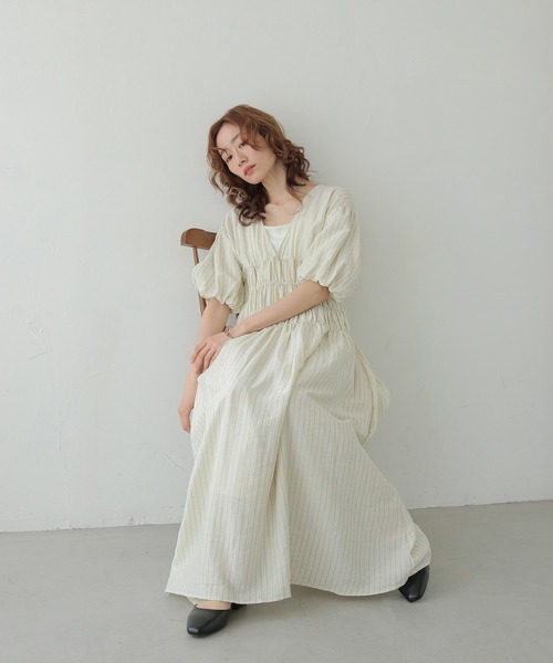 CLEIO(クレイオ)の「【CLEIO】シャーリングストライプワンピース SHIRRING STRIPE ONE-PIECE(ワンピース・レディース・アイボリー/ベージュ/ブラウン・FREE)」の14枚目の写真