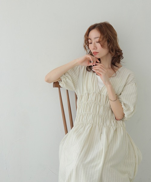 CLEIO(クレイオ)の「【CLEIO】シャーリングストライプワンピース SHIRRING STRIPE ONE-PIECE(ワンピース・レディース・アイボリー/ベージュ/ブラウン・FREE)」の15枚目の写真