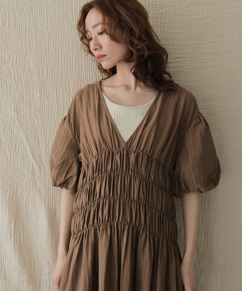 CLEIO(クレイオ)の「【CLEIO】シャーリングストライプワンピース SHIRRING STRIPE ONE-PIECE(ワンピース・レディース・アイボリー/ベージュ/ブラウン・FREE)」の20枚目の写真