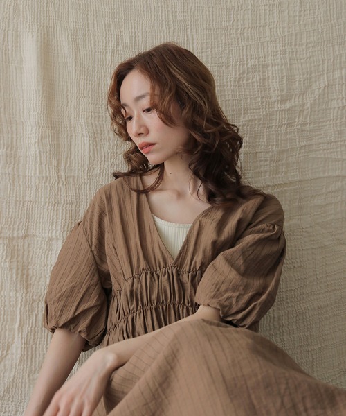 CLEIO(クレイオ)の「【CLEIO】シャーリングストライプワンピース SHIRRING STRIPE ONE-PIECE(ワンピース・レディース・アイボリー/ベージュ/ブラウン・FREE)」の17枚目の写真