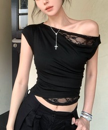 ワンショルダーレースクロップド丈Tシャツ