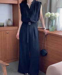 【セットアップ】ノースリーブブラウス&ベルト付きタックワイドパンツ 上下2点セット