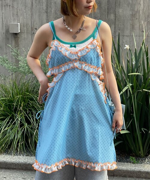 HELLO.SANFRANCISCO(ハローサンフランシスコ)の「【HELLO.SANFRANCISCO/ハローサンフランシスコ】ドット柄レースキャミチュニック(チュニック・レディース・イエロー/ブルー・ONE SIZE)」の4枚目の写真