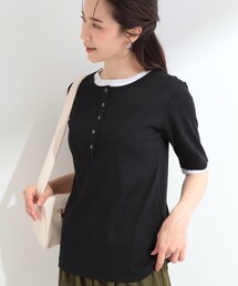 SHOO・LA・RUE | 【S-LL/洗濯機可】二の腕隠れる 配色レイヤード風 ヘンリーネック5分袖Tシャツ(Tシャツ/カットソー)