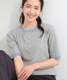 SHOO・LA・RUE | 【S-LL/洗濯機可】二の腕隠れる 配色レイヤード風 ヘンリーネック5分袖Tシャツ(Tシャツ/カットソー)