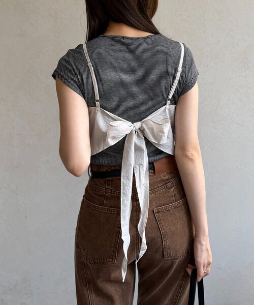 Thevon(ゼボン)の「リボンビスチェ付きボーダーTシャツ(Tシャツ/カットソー・レディース・ブラック/グレー・FREE)」の5枚目の写真