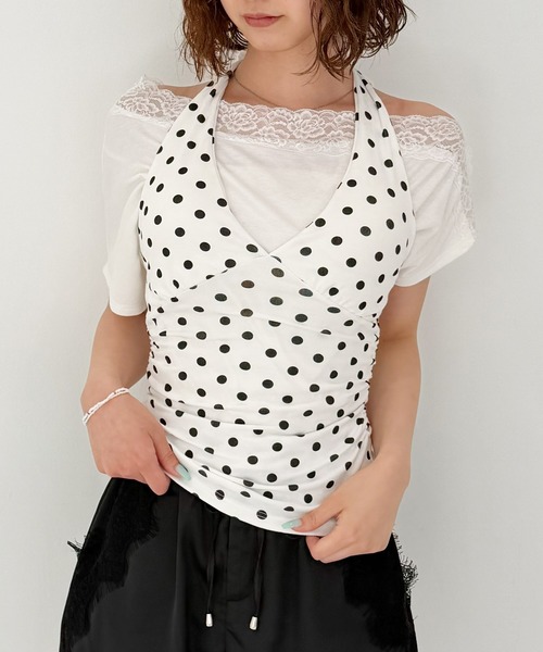 frunco(フランコ)の「ドットホルターネックトップス(Tシャツ/カットソー・レディース・ホワイト/ブラック・FREE)」の2枚目の写真