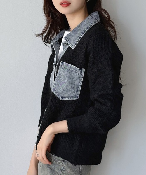 Jewelobe(ジュエローブ)の「デニムドッキングニットカーデ(カーディガン/ボレロ・レディース・ブラック/ベージュ/ブラウン/グレー・FREE)」の7枚目の写真