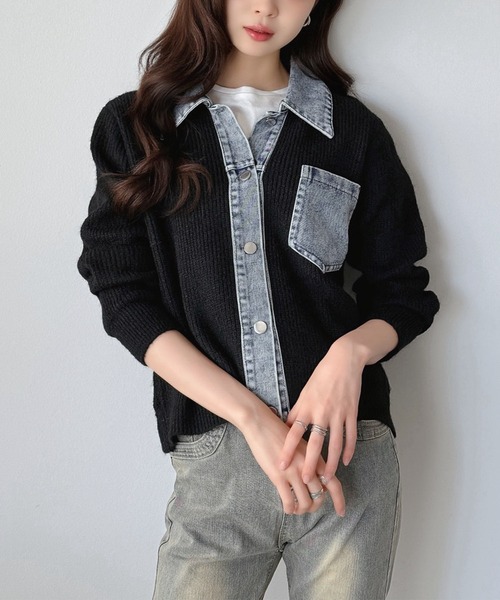 Jewelobe(ジュエローブ)の「デニムドッキングニットカーデ(カーディガン/ボレロ・レディース・ブラック/ベージュ/ブラウン/グレー・FREE)」の8枚目の写真