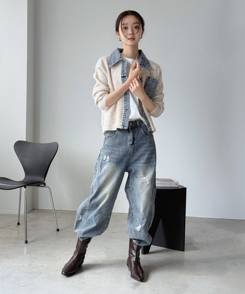 Jewelobe(ジュエローブ)の「デニムドッキングニットカーデ(カーディガン/ボレロ・レディース・ブラック/ベージュ/ブラウン/グレー・FREE)」の19枚目の写真