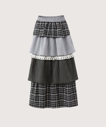 Patchwork Check Tiered Ruffle Long Skirt