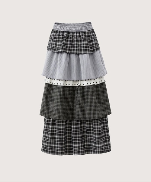 les fees love filles(レフェラブフィユ)の「Patchwork Check Tiered Ruffle Long Skirt(スカート・レディース・ブラック・LARGE/MEDIUM/SMALL)」の1枚目の写真