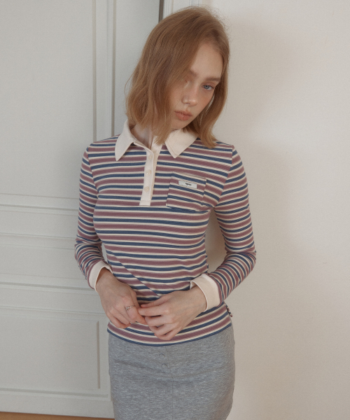 LETERIE(レテリー)の「STRIPE COLLAR LONG SLEEVE TEE_PURPLE(Tシャツ/カットソー・レディース・ブルー・FREE)」の1枚目の写真