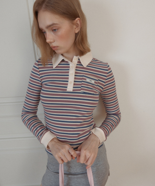 LETERIE(レテリー)の「STRIPE COLLAR LONG SLEEVE TEE_PURPLE(Tシャツ/カットソー・レディース・ブルー・FREE)」の2枚目の写真