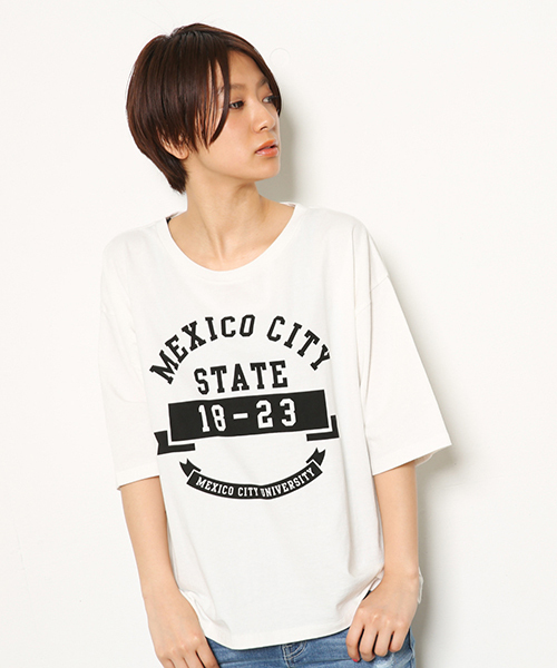 RODEO CROWNS WIDE BOWL(ロデオクラウンズワイドボウル)の「MEXICO カレッジ Tシャツ(Tシャツ/カットソー・レディース・オフホワイト/ダークグリーン/ボルドー/ネイビー・FREE)」の1枚目の写真