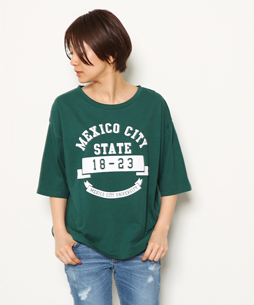 RODEO CROWNS WIDE BOWL(ロデオクラウンズワイドボウル)の「MEXICO カレッジ Tシャツ(Tシャツ/カットソー・レディース・オフホワイト/ダークグリーン/ボルドー/ネイビー・FREE)」の2枚目の写真