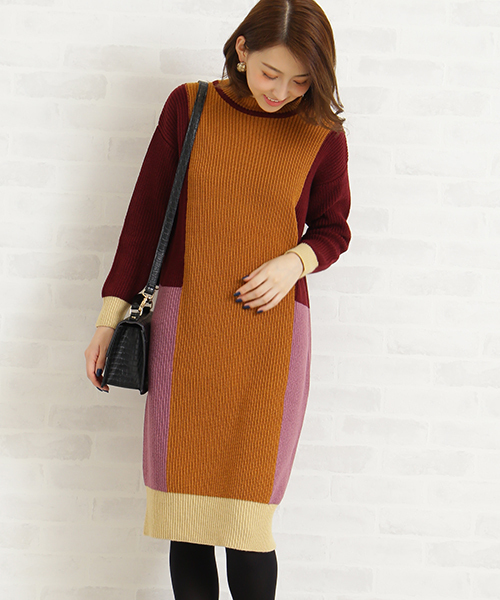 N.(N. Natural Beauty Basic)(エヌエヌナチュラルビューティーベーシック)の「カラーブロックニットワンピース(ワンピース・レディース・レッド/ブルー・MEDIUM)」の1枚目の写真