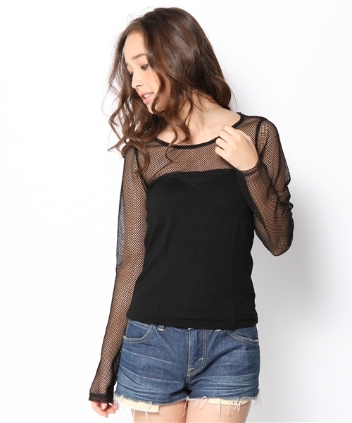 LB-03（エルビー・ゼロスリー）の「MESHキリカエロングTシャツ（Tシャツ/カットソー・レディース・ブラック系/ホワイト系・FREE）」の2枚目の写真
