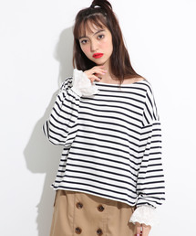 one after another NICE CLAUP | 袖レースボーダートップス(Tシャツ/カットソー)