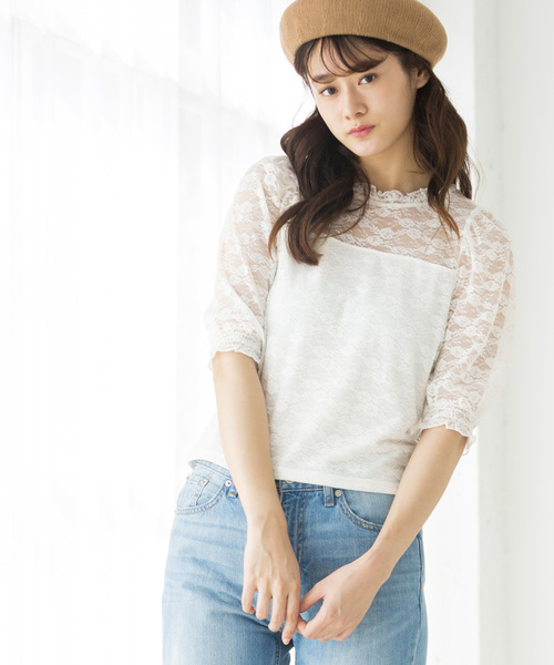 WEGO（ウィゴー）の「WEGO/パフスリーブレース5分袖Tシャツ（Tシャツ/カットソー・レディース・ホワイト/ブラック/アイボリー・FREE）」の2枚目の写真