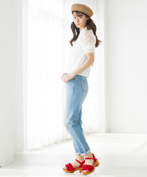 WEGO（ウィゴー）の「WEGO/パフスリーブレース5分袖Tシャツ（Tシャツ/カットソー・レディース・ホワイト/ブラック/アイボリー・FREE）」の6枚目の写真