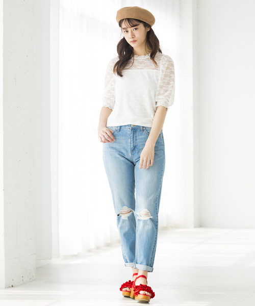 WEGO（ウィゴー）の「WEGO/パフスリーブレース5分袖Tシャツ（Tシャツ/カットソー・レディース・ホワイト/ブラック/アイボリー・FREE）」の7枚目の写真