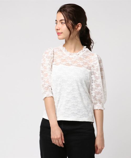 WEGO（ウィゴー）の「WEGO/パフスリーブレース5分袖Tシャツ（Tシャツ/カットソー・レディース・ホワイト/ブラック/アイボリー・FREE）」の18枚目の写真