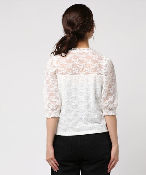 WEGO（ウィゴー）の「WEGO/パフスリーブレース5分袖Tシャツ（Tシャツ/カットソー・レディース・ホワイト/ブラック/アイボリー・FREE）」の5枚目の写真