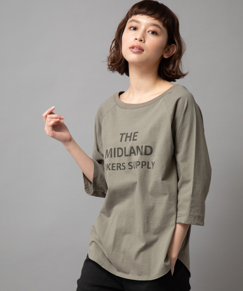 Munich（ミューニック）の「ロゴプリント　前後２Ｗａｙ七分袖Tシャツ（Tシャツ/カットソー・レディース・ラベンダー/ピンク/カーキ/ベージュ/ホワイト・FREE）」の3枚目の写真