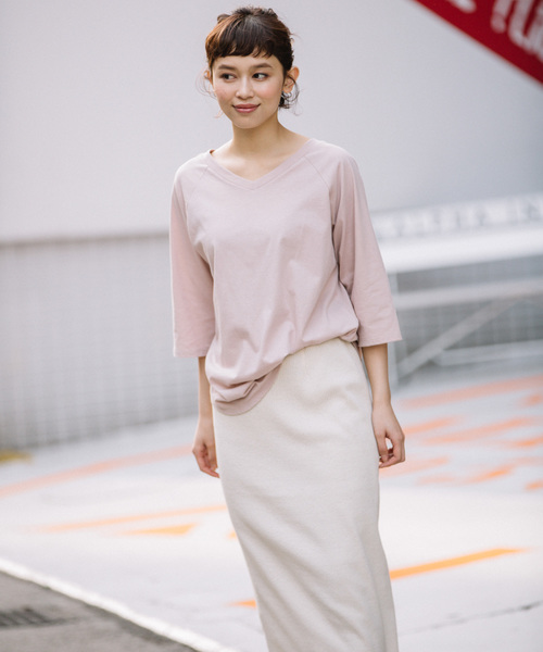 Munich（ミューニック）の「ロゴプリント　前後２Ｗａｙ七分袖Tシャツ（Tシャツ/カットソー・レディース・ラベンダー/ピンク/カーキ/ベージュ/ホワイト・FREE）」の16枚目の写真