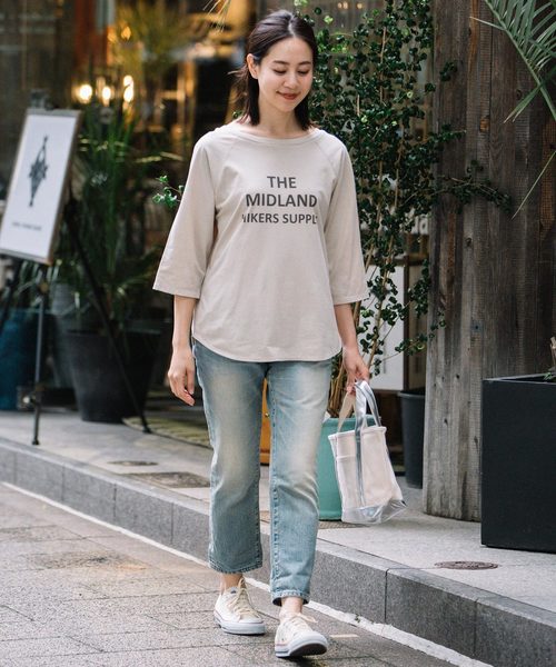 Munich（ミューニック）の「ロゴプリント　前後２Ｗａｙ七分袖Tシャツ（Tシャツ/カットソー・レディース・ラベンダー/ピンク/カーキ/ベージュ/ホワイト・FREE）」の8枚目の写真