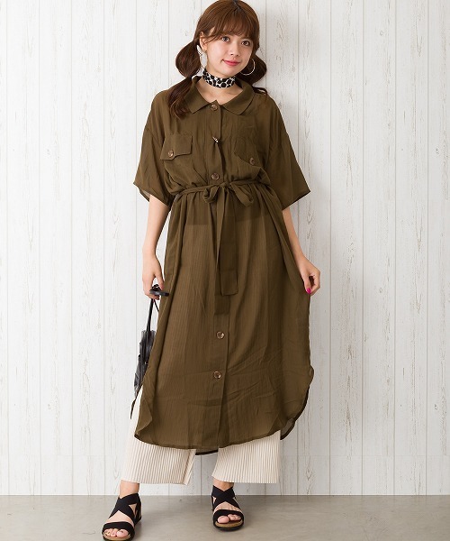 SpRay（スプレイ）の「ベルト付ガーゼシャツワンピース（ワンピース・レディース・ブラック/ブラウン/カーキ/アイボリー/ライトベージュ・FREE）」の5枚目の写真