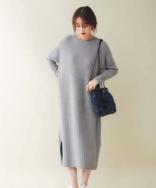 qualite(カリテ)の「【定番】ウールワイドリブニットワンピース(ワンピース)」|グレー