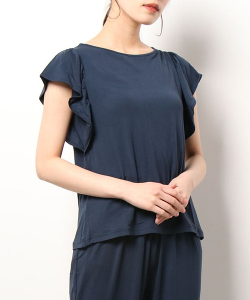 blooming FLORA（ブルーミングフローラ）の「【さらりとなめらかな肌あたり】 半袖&ワイドパンツ セットアップ（ルームウェア/パジャマ・レディース・モカ/ネイビー/ラベンダー/ライトパープル/ネイビー系/ブラウン系/イエロー・LARGE/MEDIUM）」の20枚目の写真