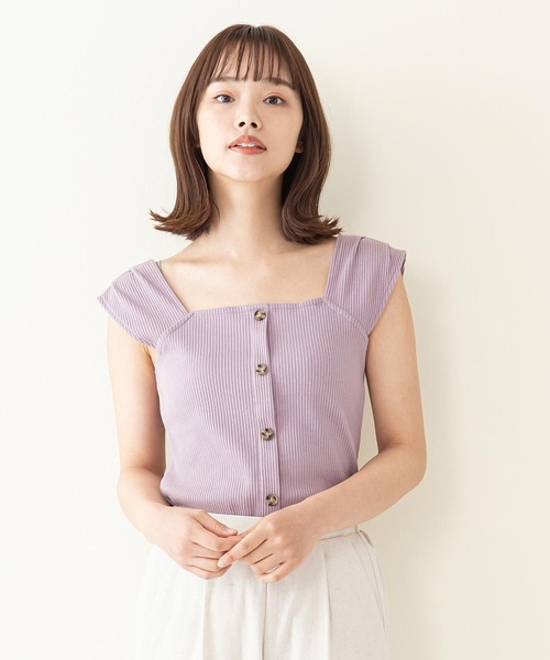 INNOCENT BLUE(イノセントブルー)の「【innocent blue/イノセントブルー】フロントボタンキャミソール カットテレコリブ ストレッチ性 肩にタック(キャミソール・レディース・アイボリー/ブラック/ラベンダー/ライトベージュ・MEDIUM)」の4枚目の写真