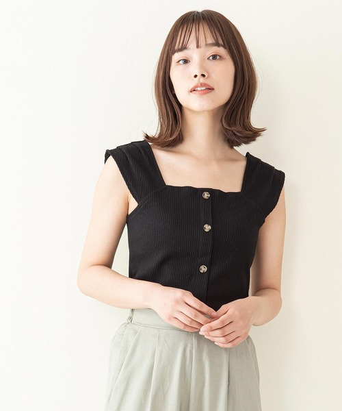 INNOCENT BLUE(イノセントブルー)の「【innocent blue/イノセントブルー】フロントボタンキャミソール カットテレコリブ ストレッチ性 肩にタック(キャミソール・レディース・アイボリー/ブラック/ラベンダー/ライトベージュ・MEDIUM)」の2枚目の写真
