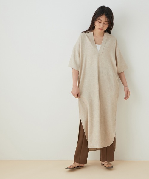 ADAM ET ROPE'（アダムエロペ）の「＜洗える＞【WEB限定】リネンカフタンワンピース（ワンピース・レディース・ブラック/キナリ・FREE）」の8枚目の写真